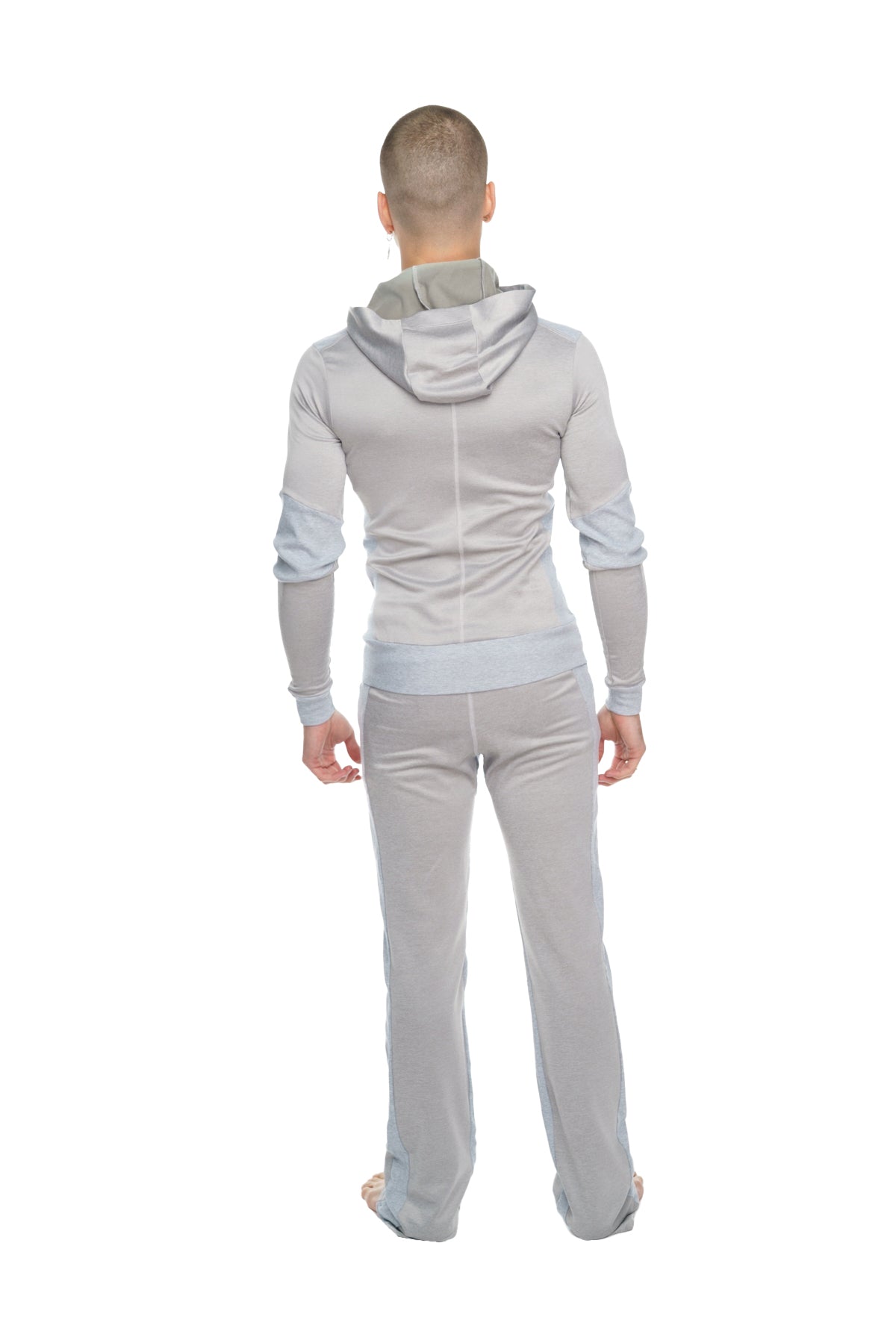 Gray hooded sweatshirt with light blue accents in mid-weight performance-luxe-fleece for yoga and track
