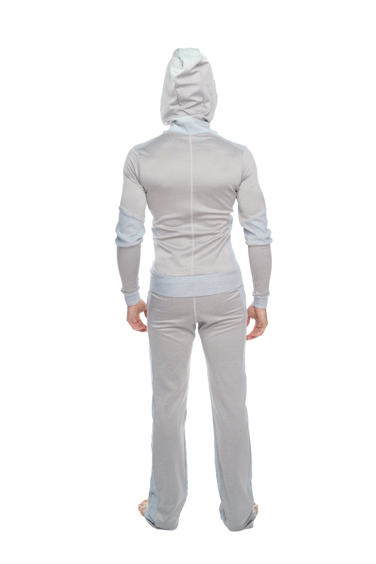 Light gray mid-weight performance-luxe fleece hoodie and matching pants set with soft stretchy fabric and seam detailing