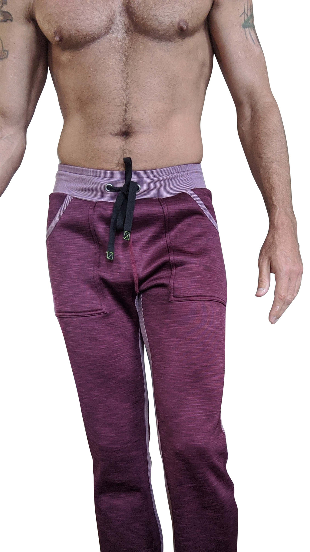 Winter collection plum purple thick-weight fleece sweatpants with lavender waistband and black drawstring for lounging