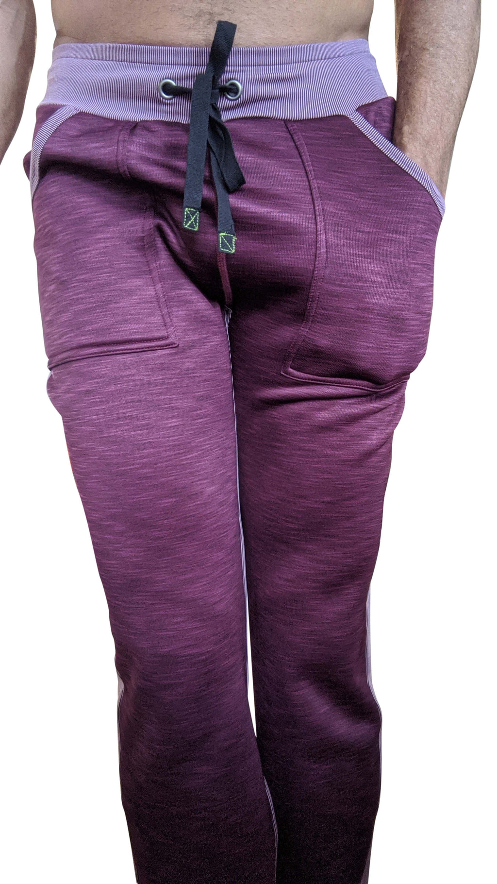 Plum purple thick-weight fleece sweatpant with striped waistband and black drawstring for winter collection