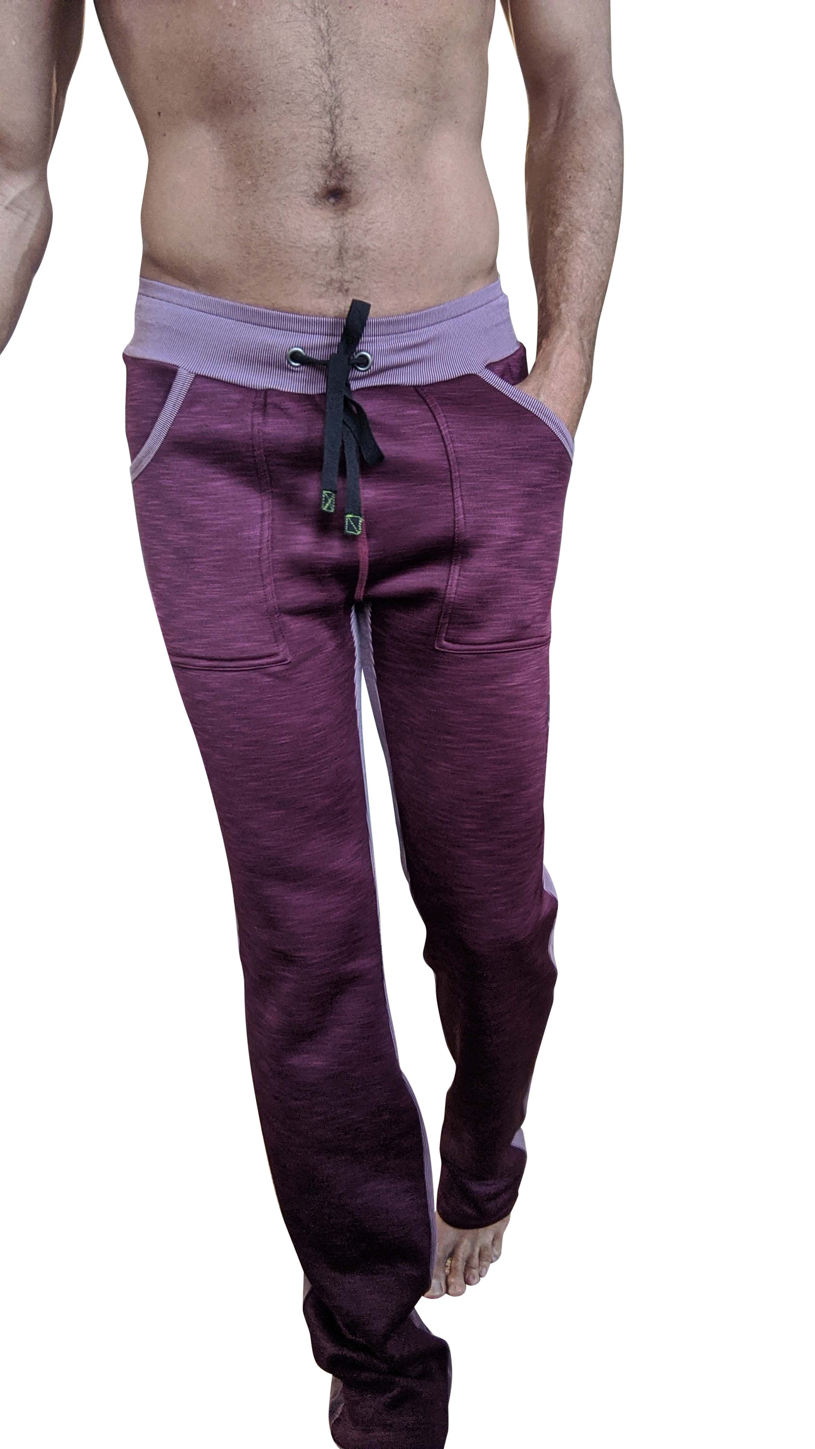 Purple marled thick-weight fleece joggers with lavender elastic waistband and black drawstring from winter collection