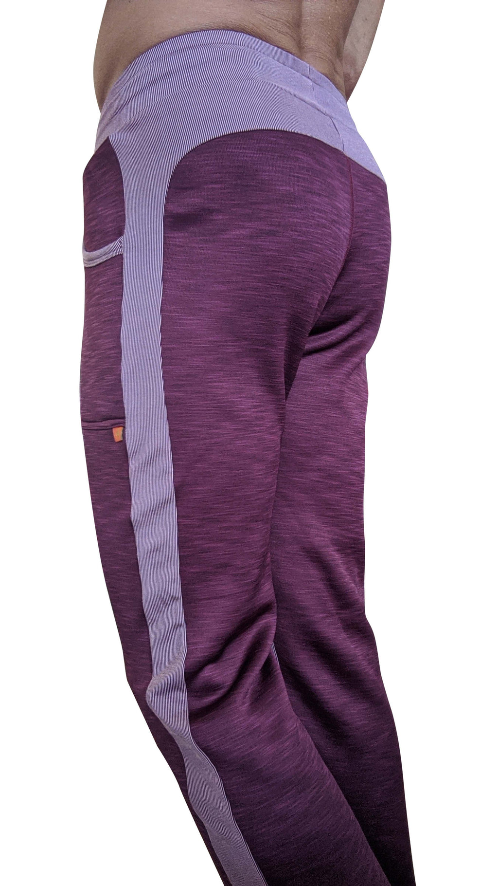 Winter collection plum purple thick-weight fleece track pant with textured fabric and gray vertical side stripes