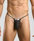 Black sheer mesh thong with thin elastic straps and a white justin simon label at front classic g-string bulge mesh