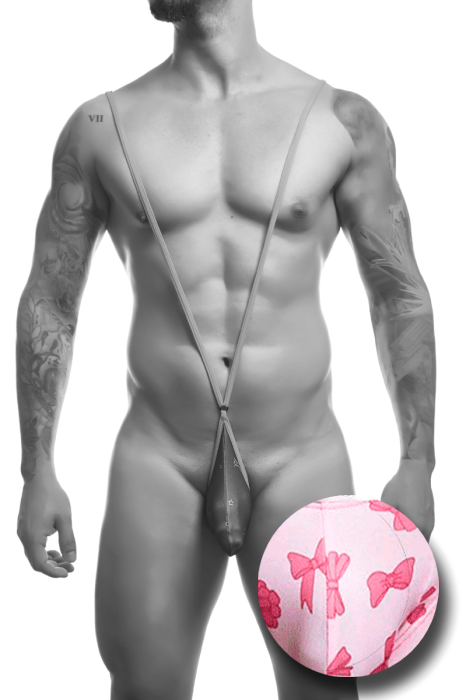 A grayscale male model wearing a minimal strappy underwear-style garment, with a circular inset showing a light pink fabric pattern with pink bow motifs. The product itself appears to be the patterned fabric item, but the main visual presentation is on the model.