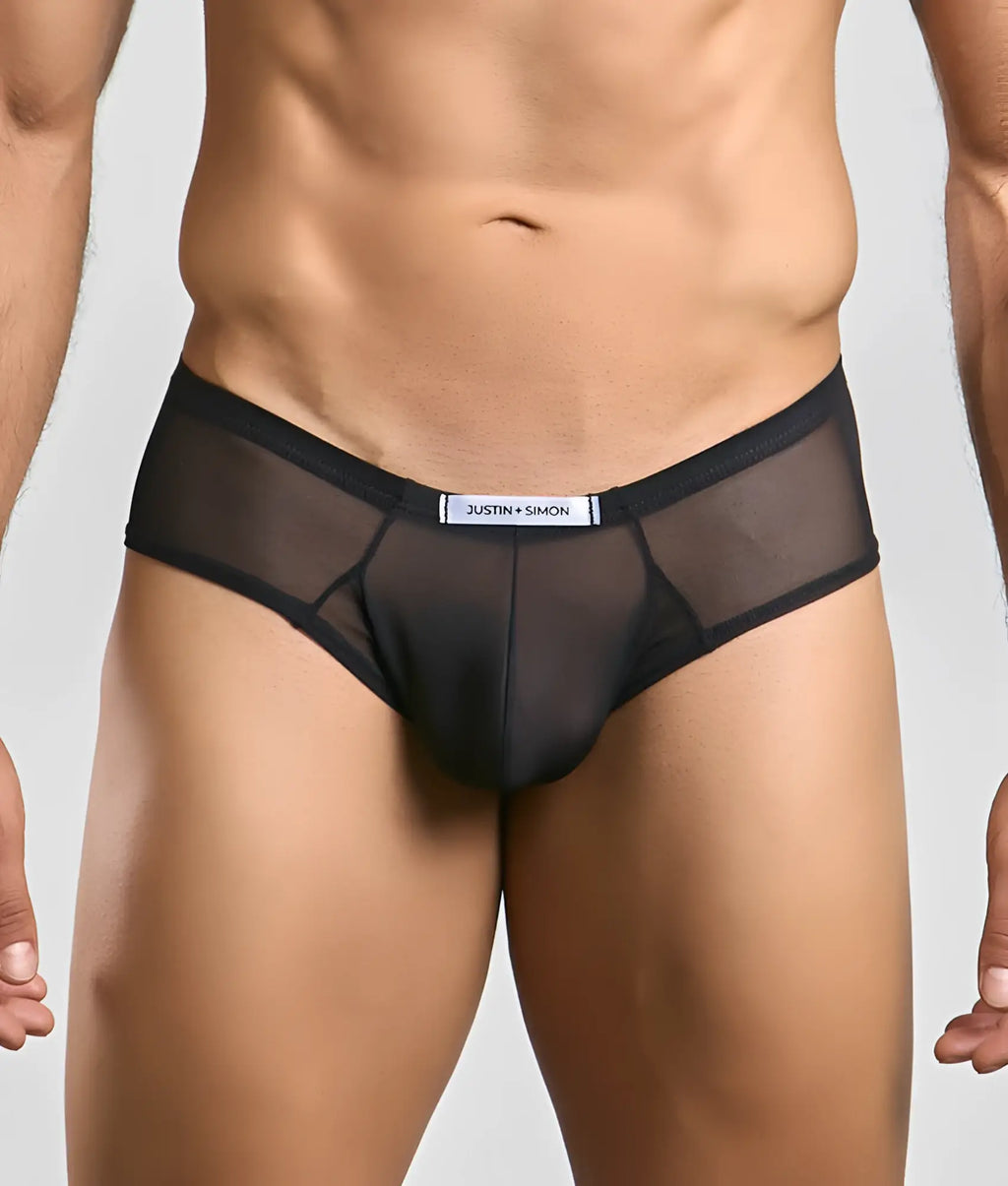 Black sheer mesh briefs with a solid black waistband and white justin plus simon label from the cheek mesh collection