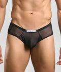 Black sheer mesh briefs with a solid black waistband and white justin plus simon label from the cheek mesh collection