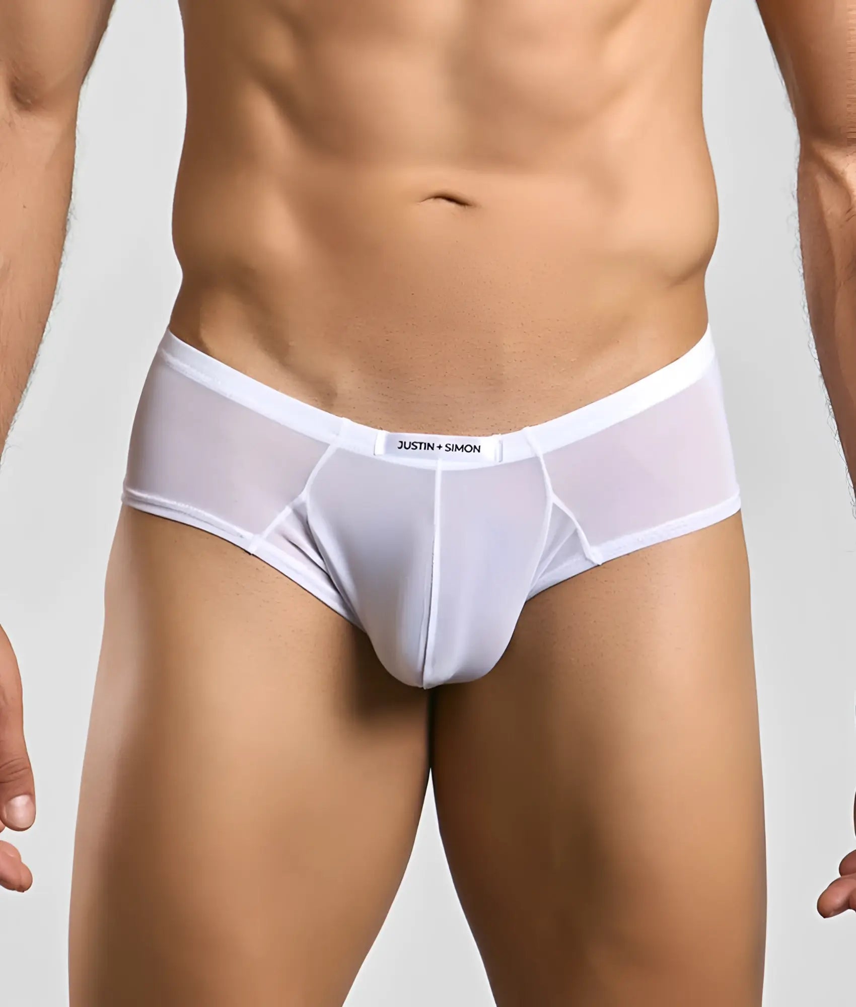 White sheer mesh briefs with white elastic waistband featuring the justin + simon brand label cheek mesh design