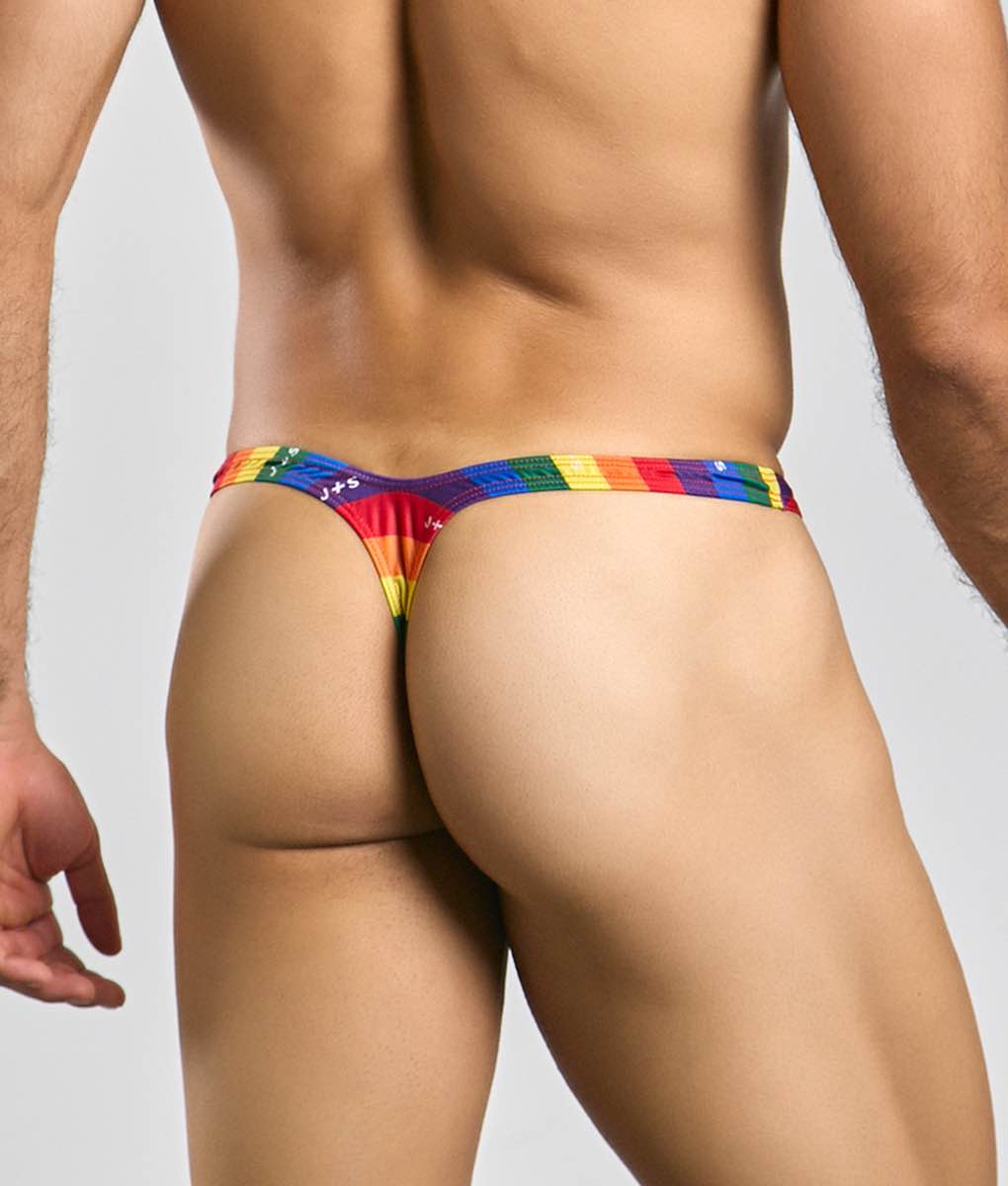 Justin + Simon bulge thong in rainbow stripes featuring a snug, form-fitting design with vibrant colorful fabric