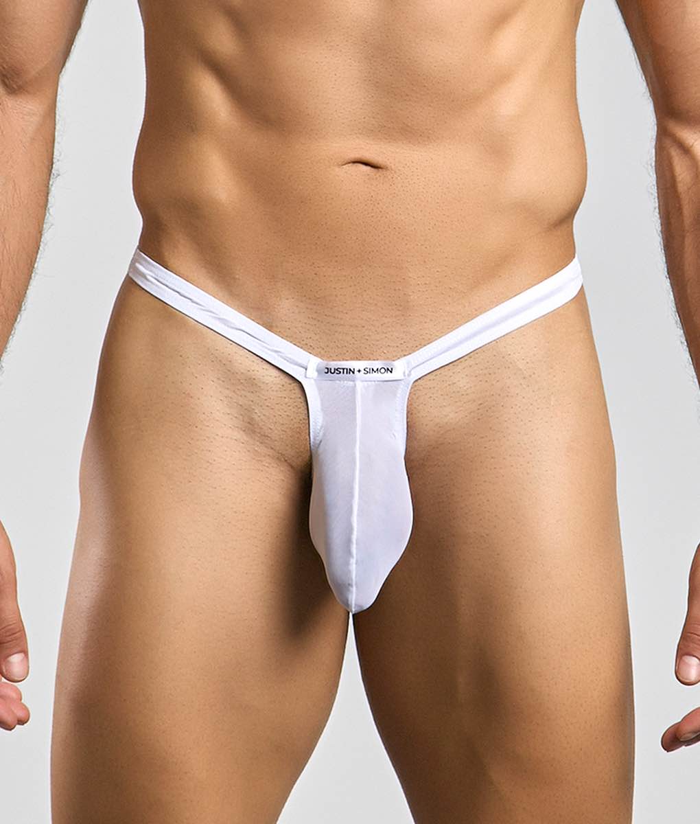 White justin simon bulge thong mesh featuring a sleek minimalist design with smooth fabric front view