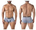 Gray xtremen 91222 microfiber men’s boxer briefs with black elastic waistband and extreme men logo in white lettering