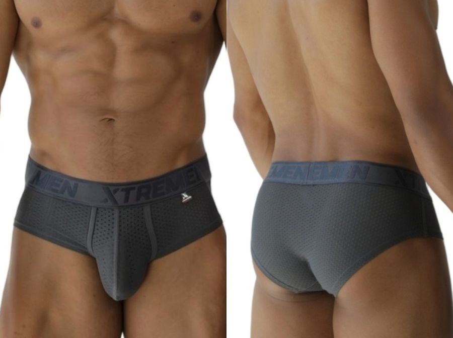 Gray xtremen 91250 microfiber mesh briefs with textured fabric and elastic waistband featuring xtreme brand name