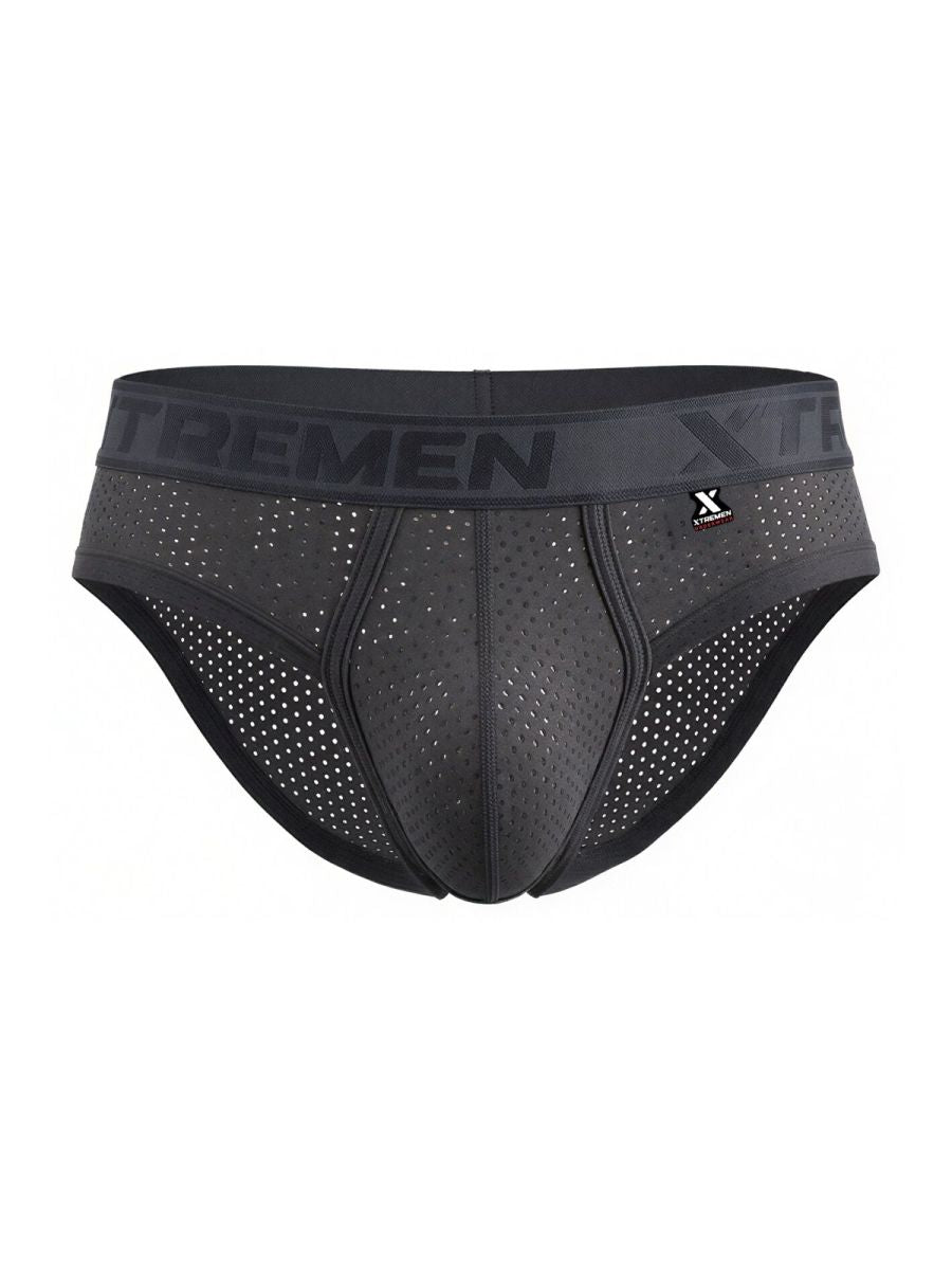 Black perforated xtremen 91250 microfiber mesh briefs in gray with branded waistband front view
