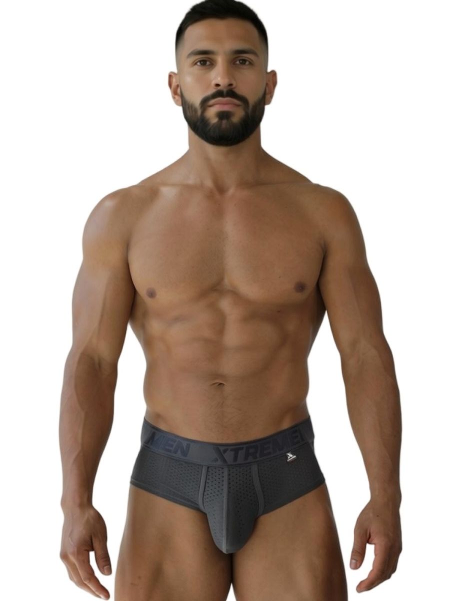 Dark gray xtremen 91250 microfiber mesh briefs with perforated front panel and xtreme waistband branding