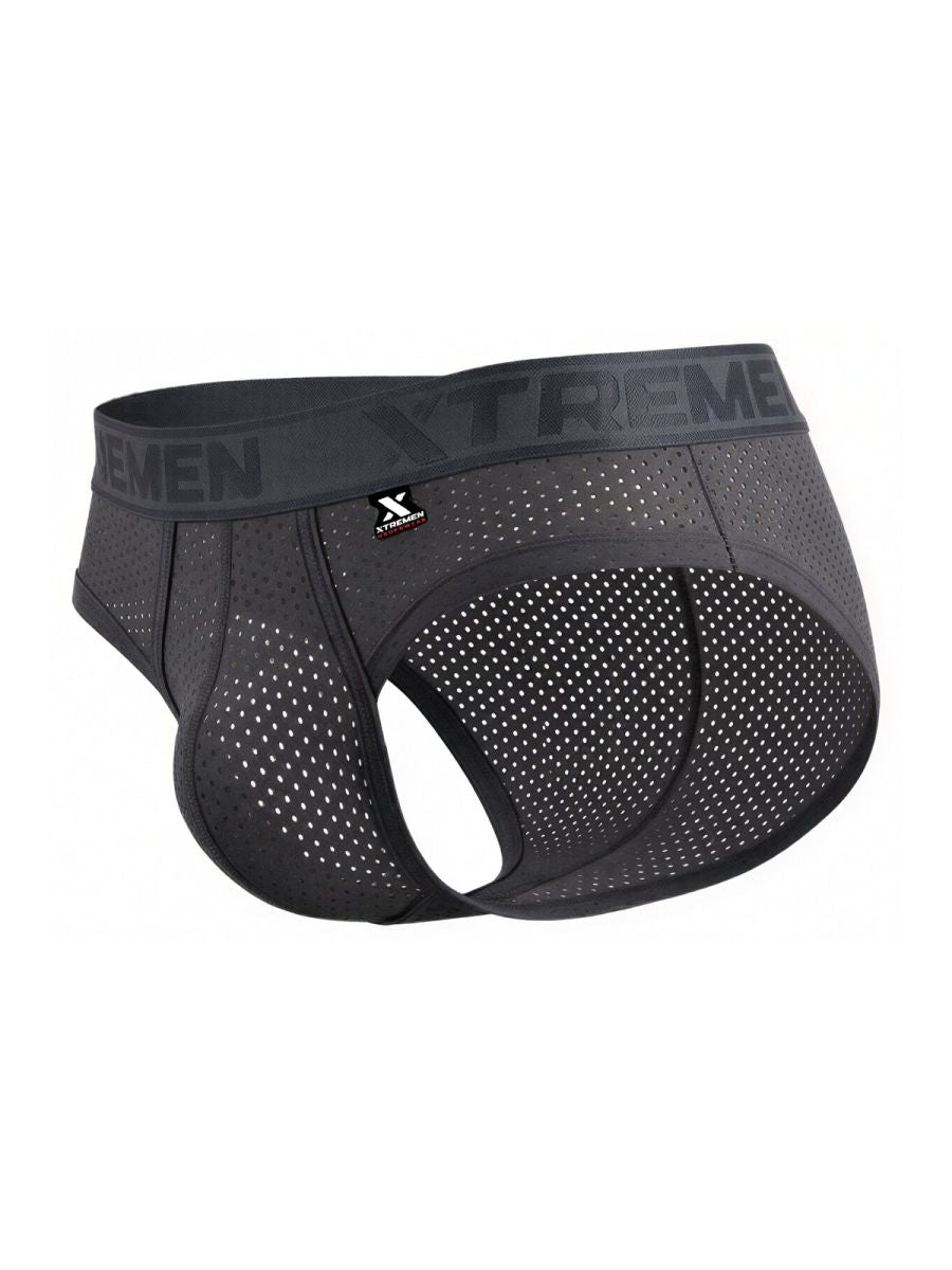 Black mesh microfiber athletic briefs in gray with xtreme branding on the waistband front view