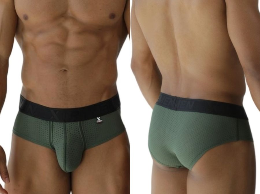 Olive green xtremen 91250 microfiber mesh briefs with black waistband and white logo in military green color