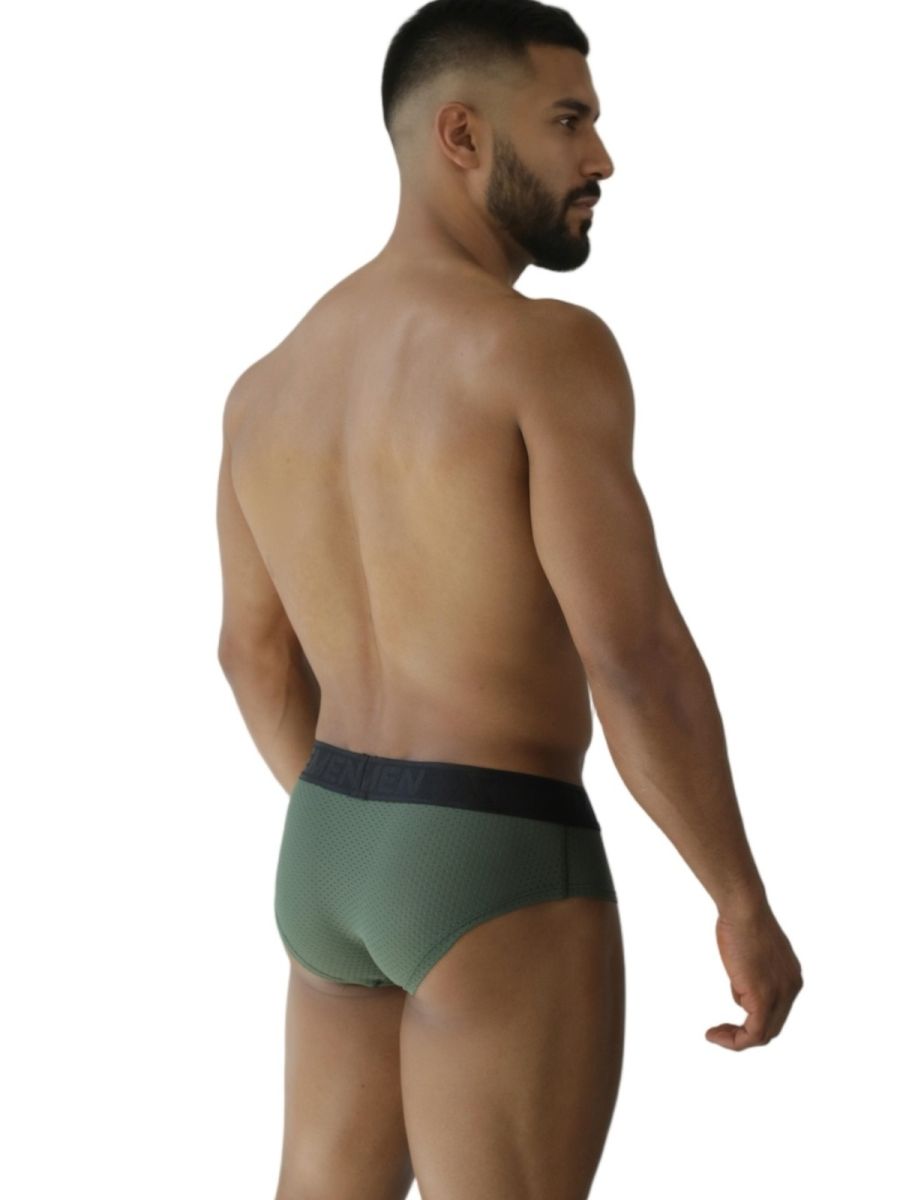 Men’s xtremen 91250 microfiber mesh briefs in military green with olive green fabric and black elastic waistband