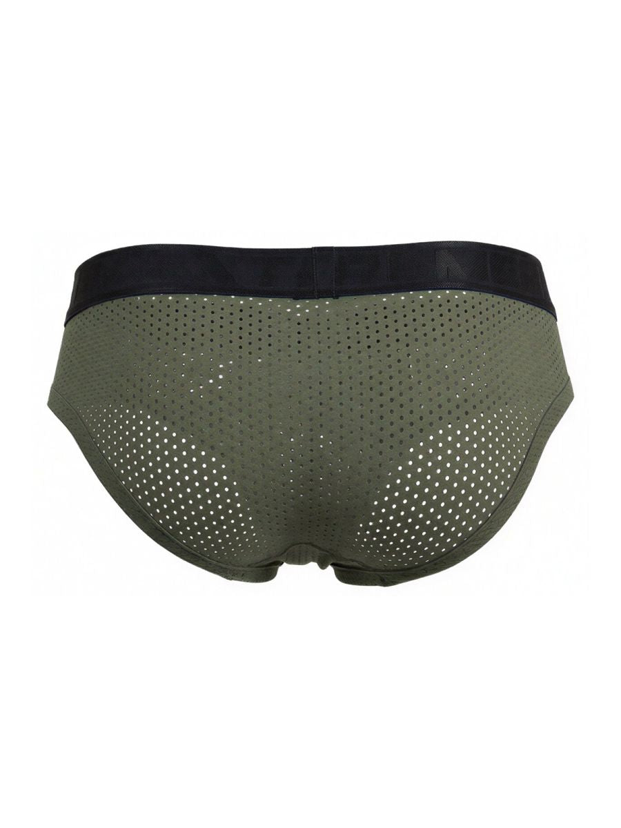 Xtremen 91250 microfiber mesh briefs in military green with olive perforated fabric and black elastic waistband