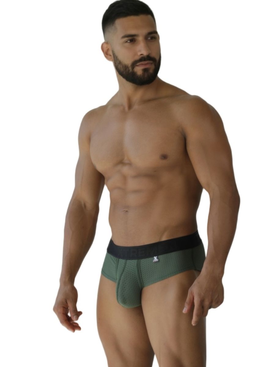 Xtremen 91250 microfiber mesh briefs in military green with black waistband and small white logo for men