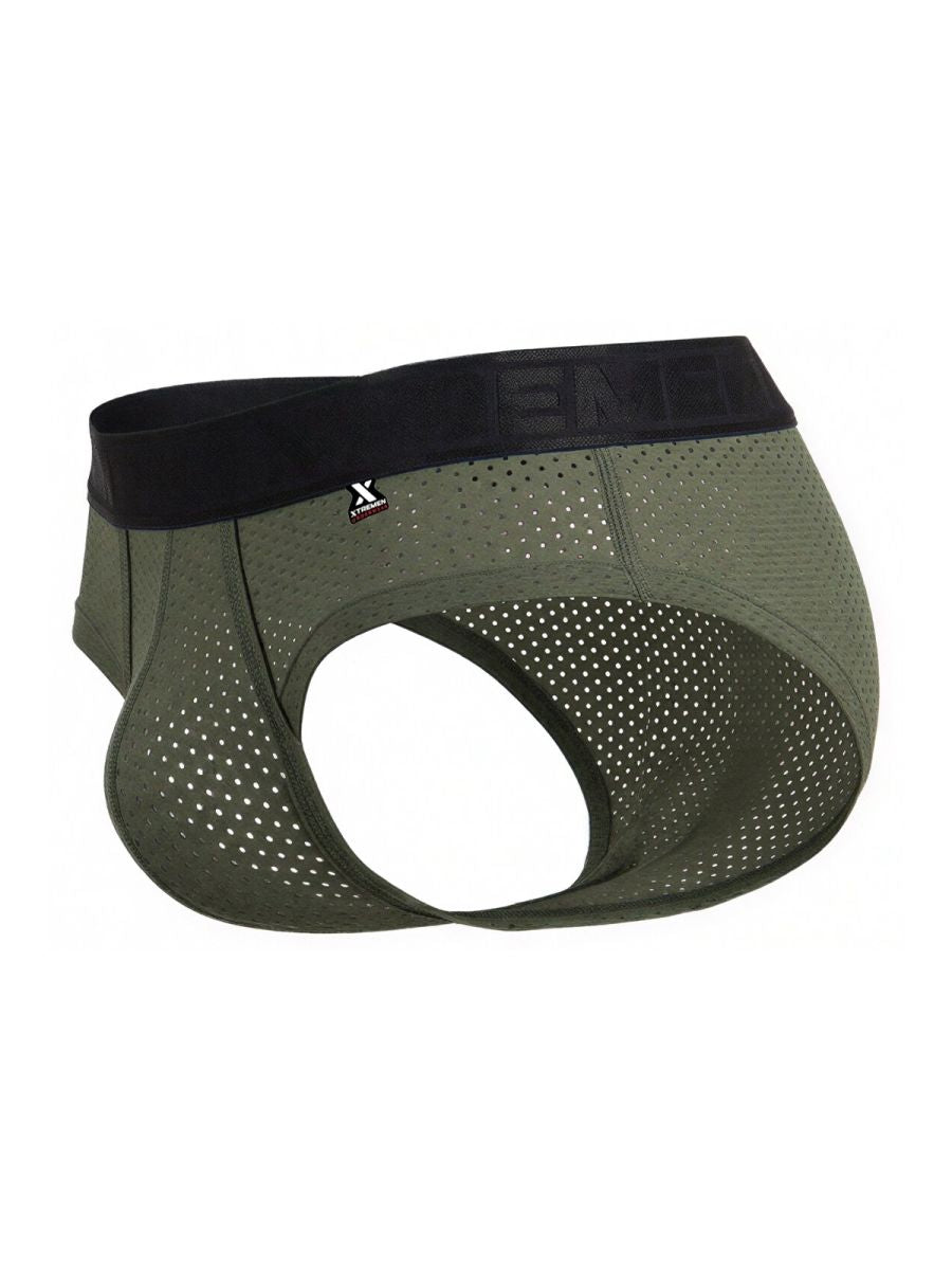 Olive green xtremen 91250 microfiber mesh briefs with perforated fabric and black elastic waistband with brand logo