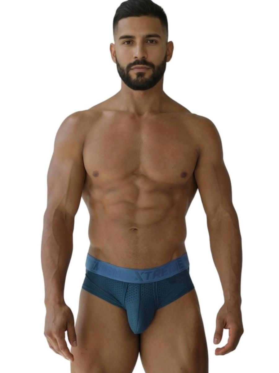 Blue xtremen 91250 microfiber mesh briefs with matching waistband and subtle textured detailing in petrol color