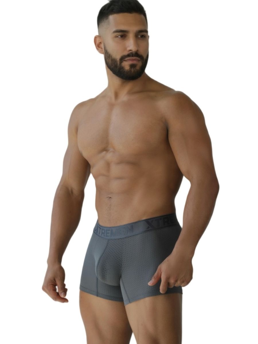 Gray xtremen 91251 microfiber mesh boxer briefs for men with subtle logo on waistband shown from front