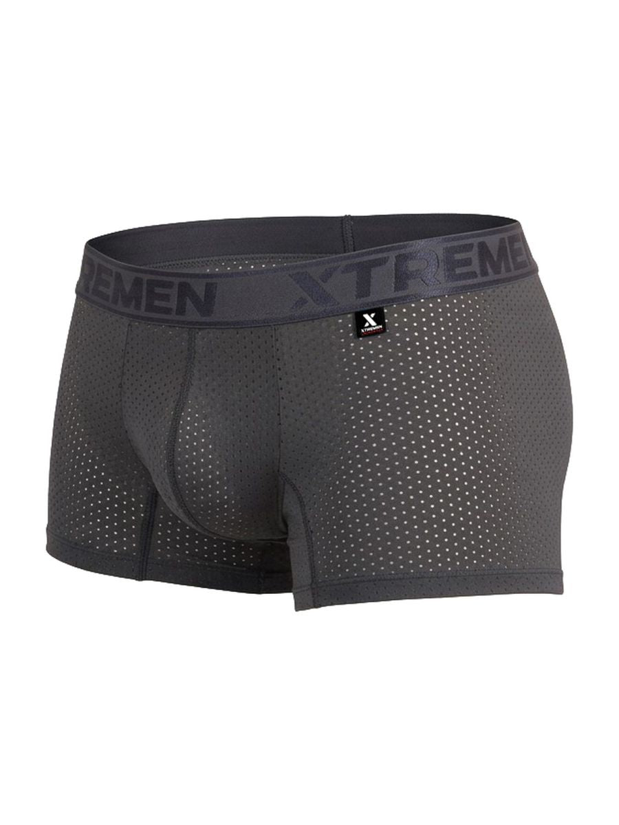Dark gray breathable microfiber mesh boxer briefs with perforated design and xtrememen elastic waistband