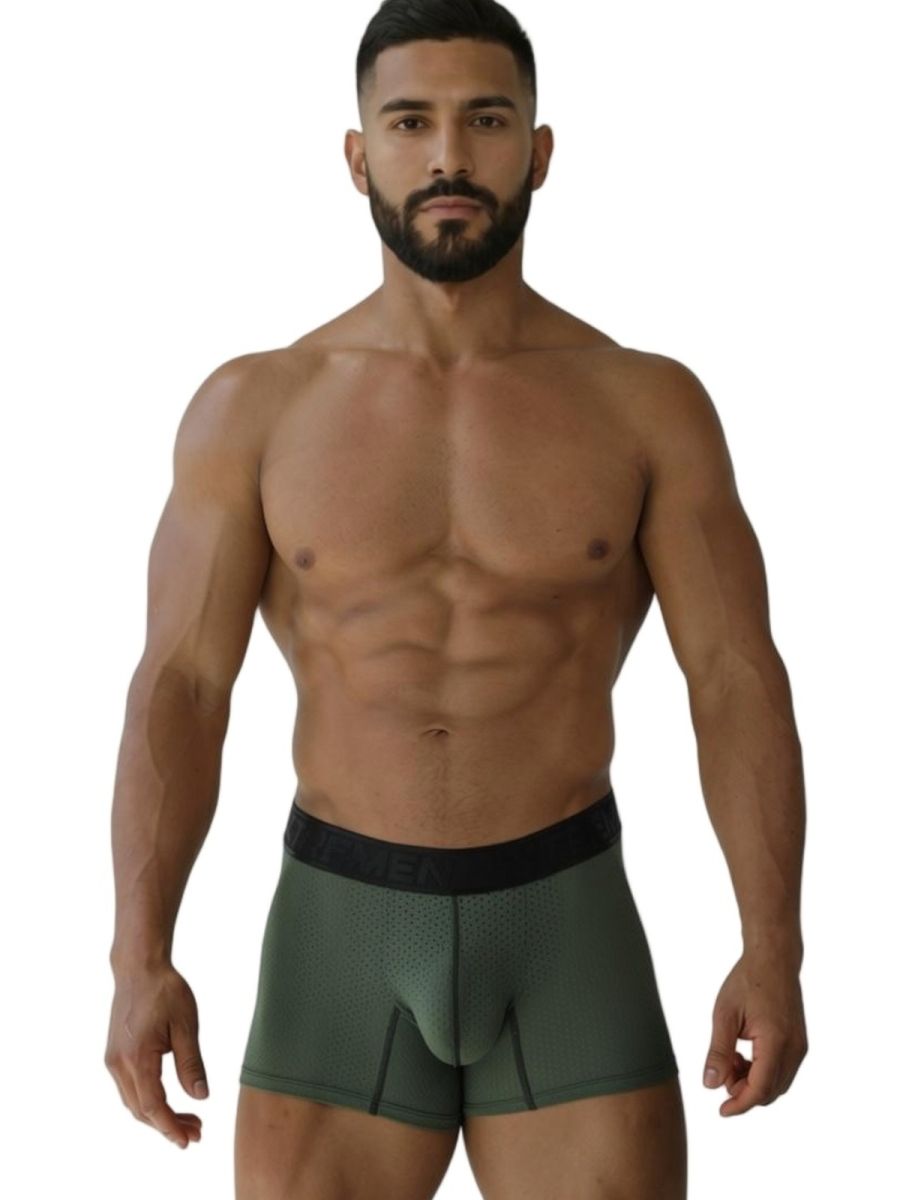 Olive green xtremen 91251 microfiber mesh boxer briefs with black elastic waistband in military green color