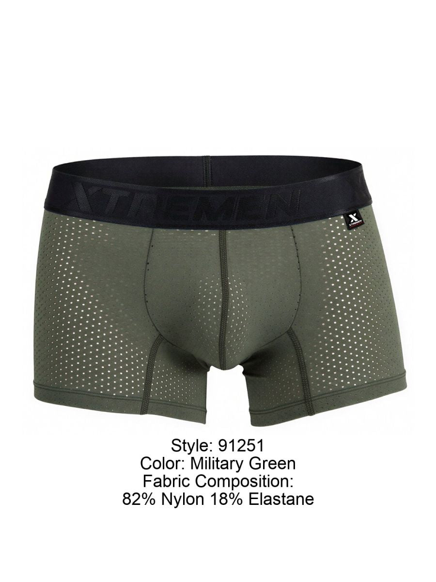 Military green Xtremen microfiber mesh boxer briefs with black elastic waistband and x shaped brand tag