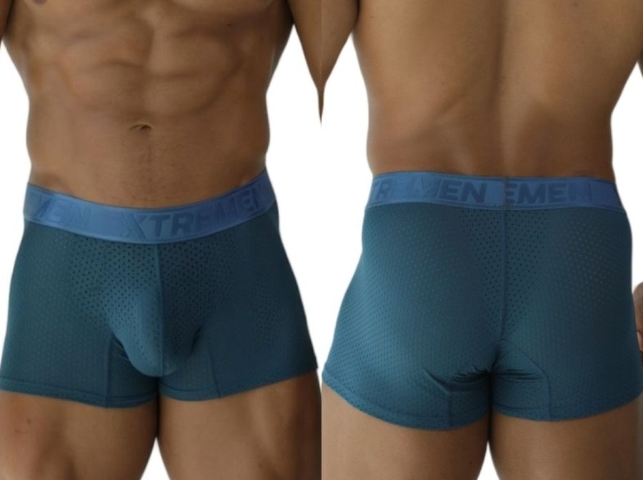 Teal xtremen 91251 microfiber mesh boxer briefs with blue waistband and men print in white in the front view
