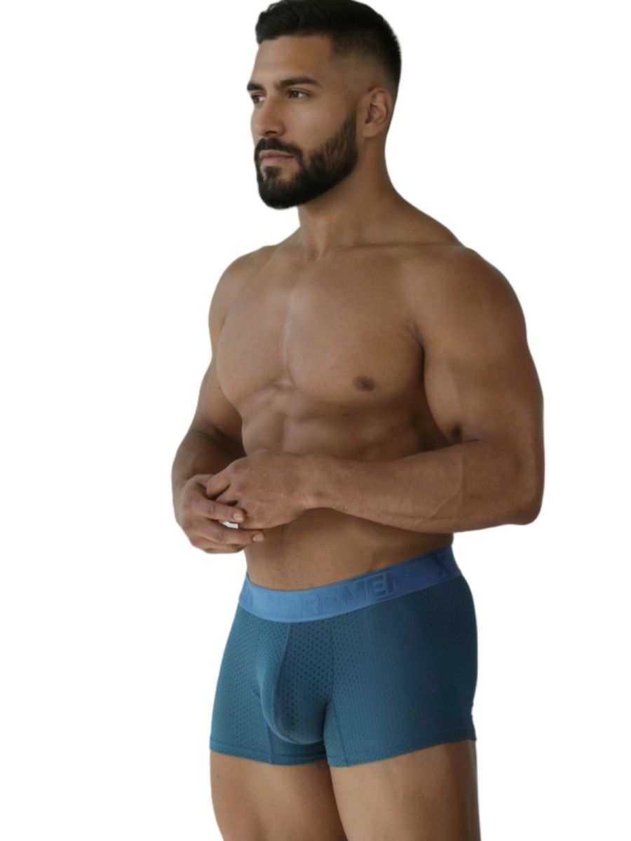 Teal-colored xtremen 91251 microfiber mesh boxer briefs with blue elastic waistband for men in petrol color