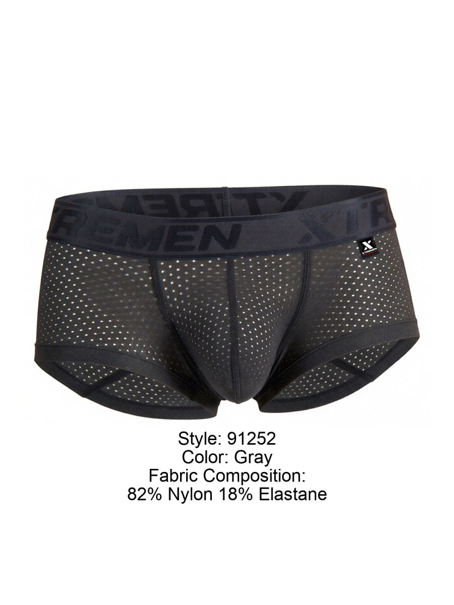 Gray microfiber mesh briefs with black elastic waistband featuring xtremen logo and x shaped brand tag visible
