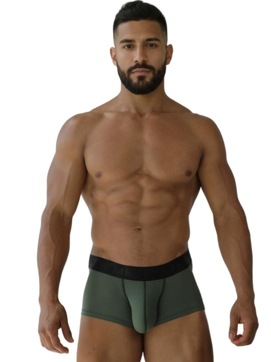 Men’s xtremen 91252 microfiber mesh trunks in olive green with black elastic waistband for comfortable wear