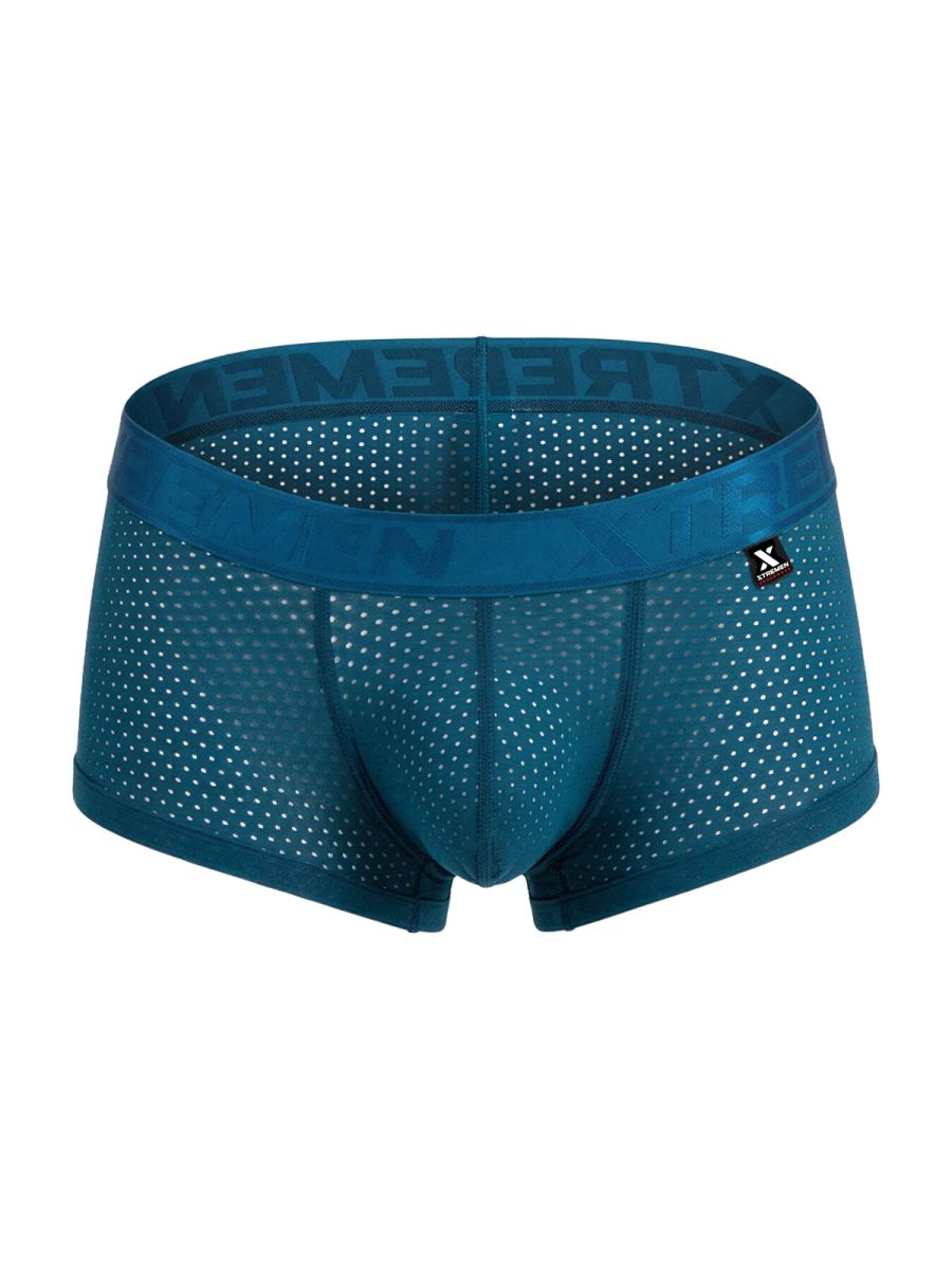 Teal mesh boxer briefs with solid waistband featuring extreme brand name and x logo patch in petrol color microfiber