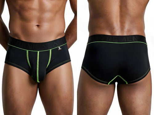 Xtremen black microfiber trunks with neon green contrast stitching and logo waistband on a model.
