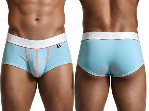 Xtremen light blue microfiber trunks with white waistband and orange contrast stitching, front and back views.