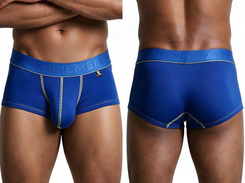 Royal blue microfiber trunks with contrast stitching, contoured pouch, and branded elastic waistband.