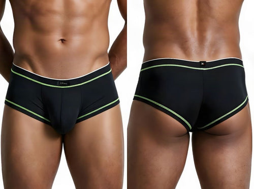 Xtremen black microfiber briefs with neon green stitching and white trim, shown front and back on a model.
