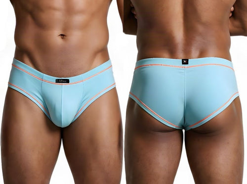 Xtremen light blue athletic microfiber briefs with contrast stitching worn by a man, shown from front and back.