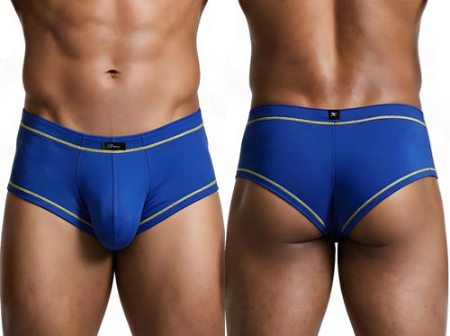 Front and rear views of a man wearing royal blue Xtremen athletic microfiber briefs with gold contrast stitching.