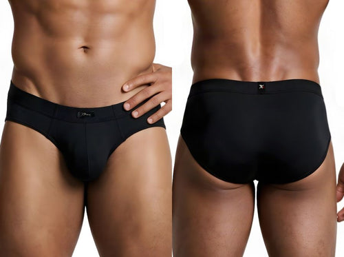 Front and rear views of Xtremen men's black sleek fit microfiber briefs on a model.