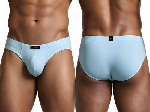Xtremen light blue microfiber sleek fit briefs shown from front and back on a model.