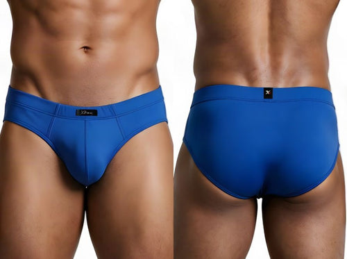 Xtremen royal blue sleek fit microfiber briefs worn by a model, shown from front and back.