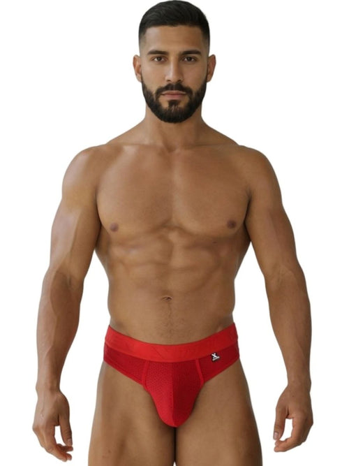Red xtremen 91268 microfiber mesh athletic briefs with a snug fit and small logo on the waistband