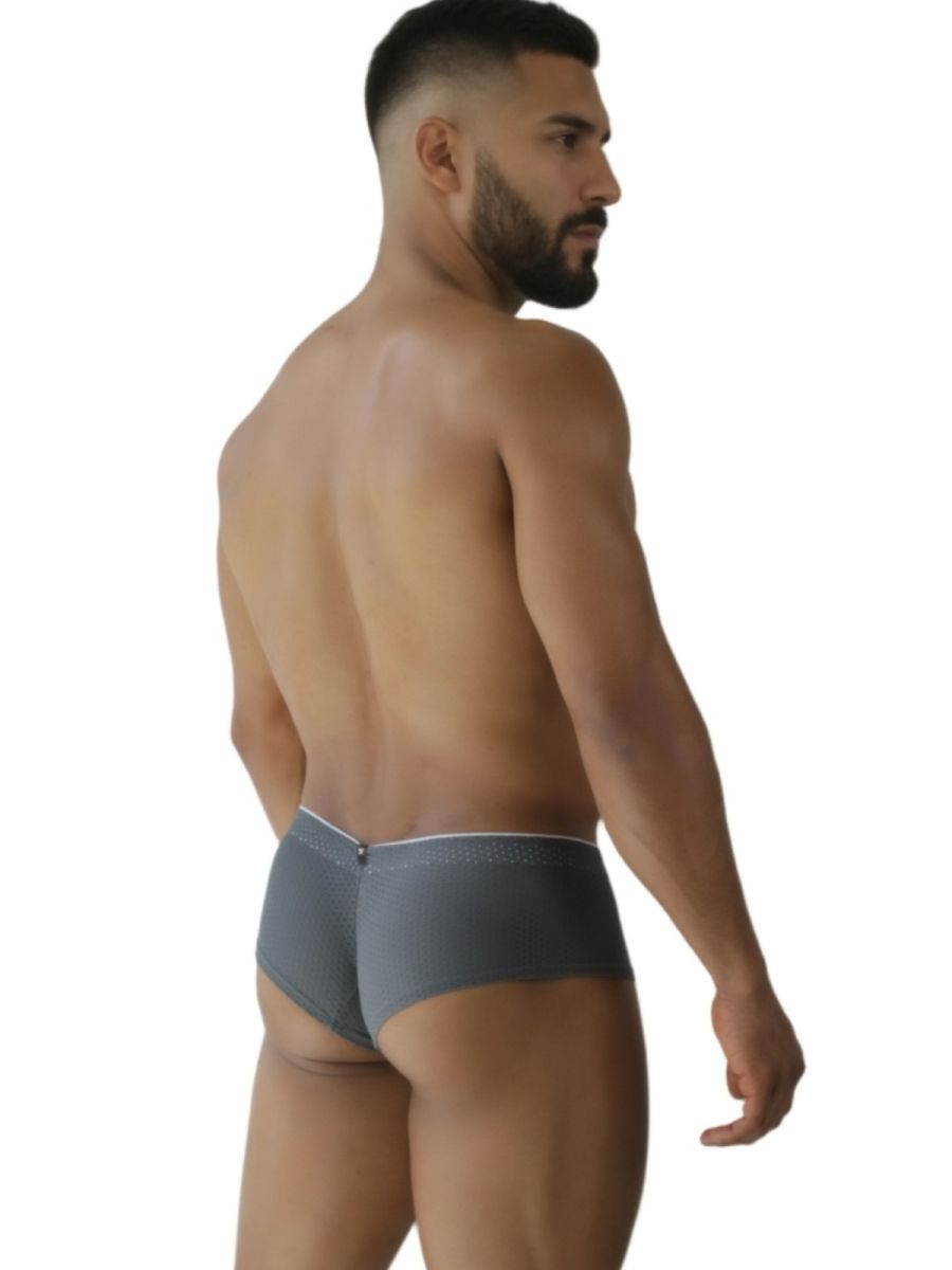 Back view of xtremen 91269 microfiber mesh briefs in gray with white trim and zipper detail