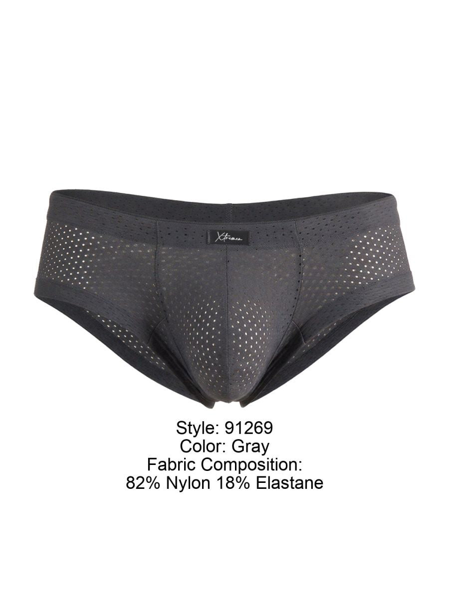 Gray xtremen 91269 microfiber mesh briefs with perforated design and black trim made of nylon and elastane