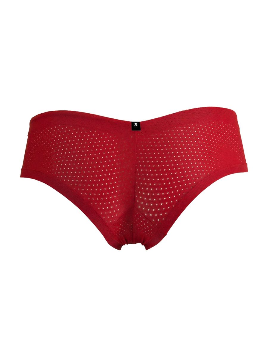 Red xtremen 91269 microfiber mesh briefs featuring a perforated design and black tag at the waistband