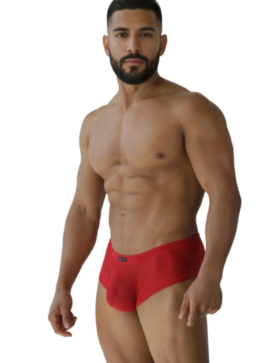 Xtremen 91269 red microfiber mesh men’s briefs with snug fit and small black brand tag on the waistband