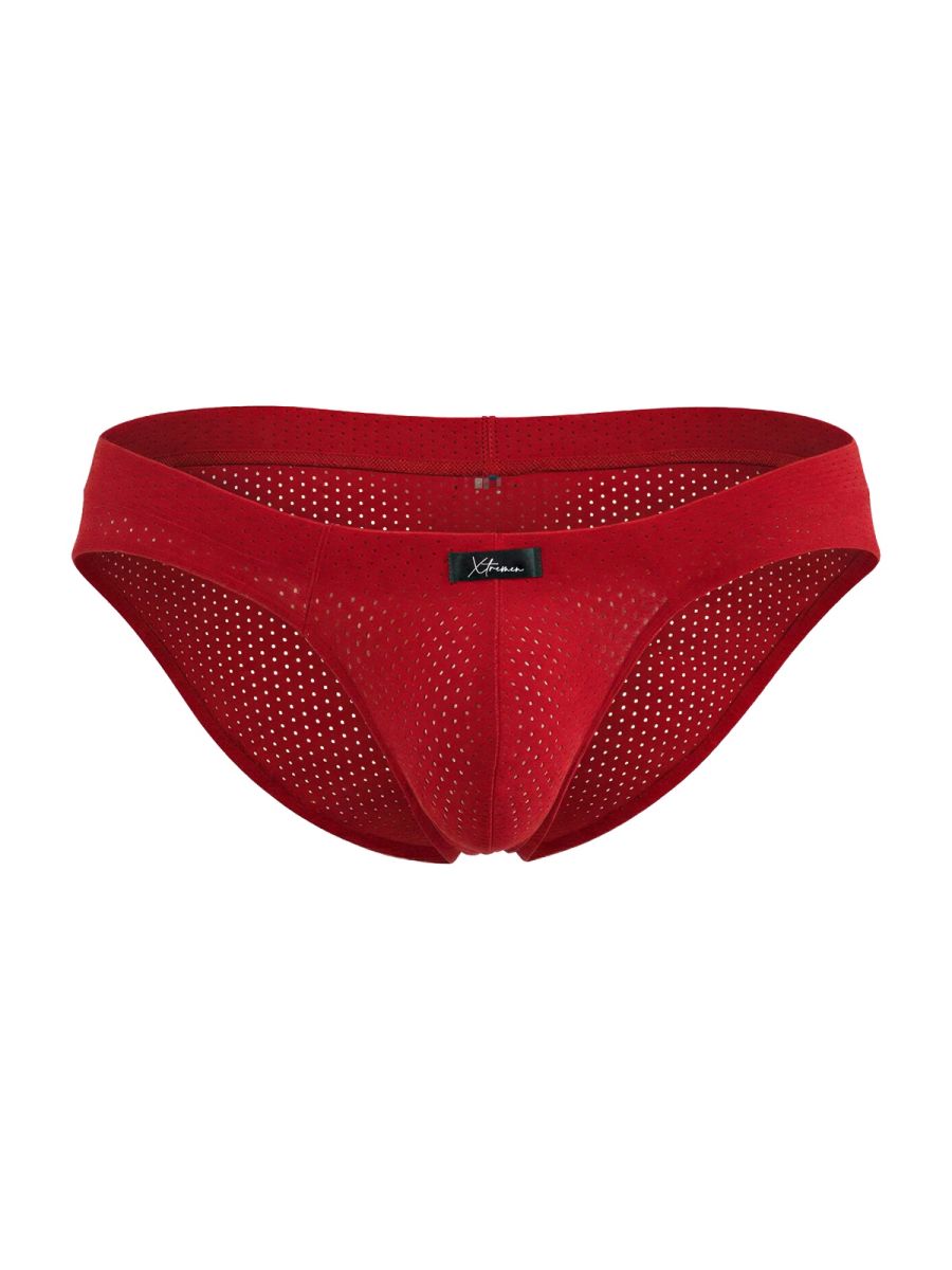 Red xtremen 91270 microfiber mesh briefs with perforated design and branded label on the front