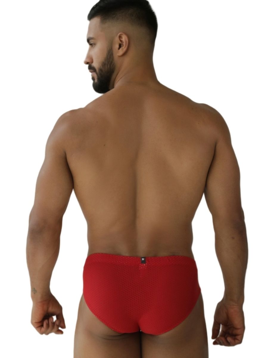 Red xtremen 91270 microfiber mesh briefs showing back side with small metallic clasp for secure fit