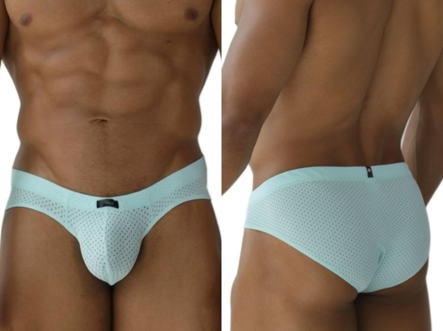 Light blue Xtremen 91270 microfiber mesh briefs with a black brand tag on the waistband in seawater color